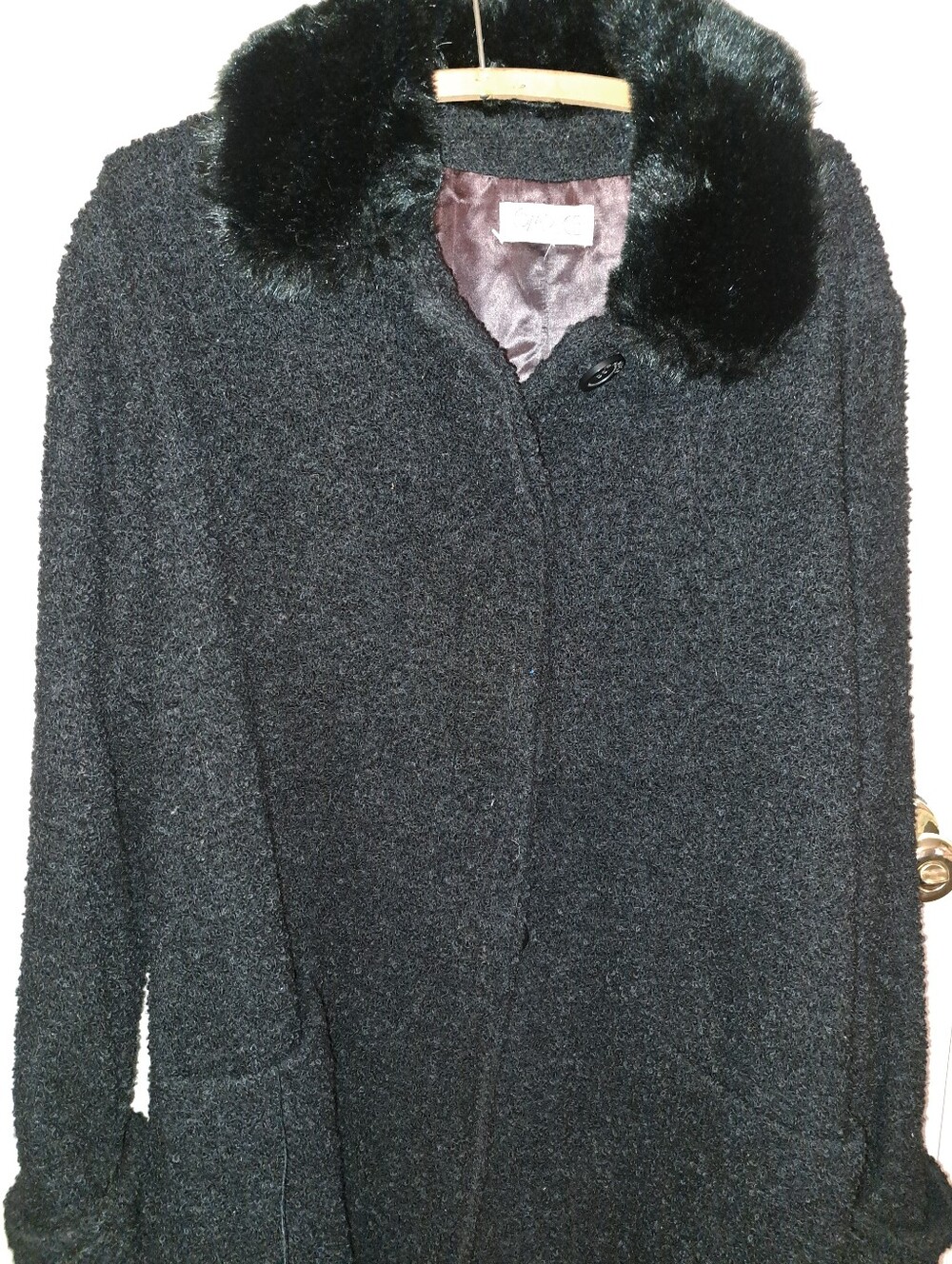 Vintage Complice Black Bouclé Coat with Faux Fur Collar